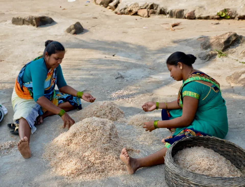 Two women sitting on the ground by the shore sorting heaps of dried shrimp, with a cane basket beside them